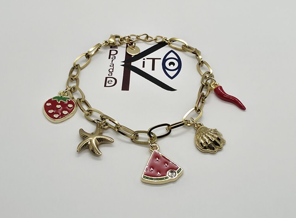 Pulsera de acero dorado con colgantes frutales y marinos