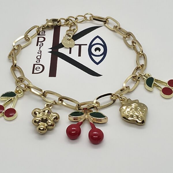 Pulsera de acero dorado con colgantes de cerezas