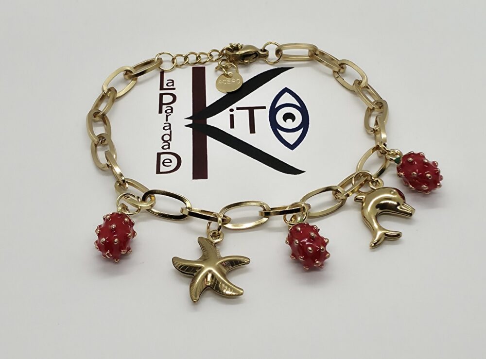 Pulsera de acero dorado con motivos frutales y marinos