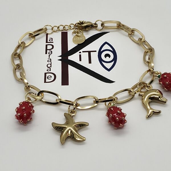 Pulsera de acero dorado con motivos frutales y marinos