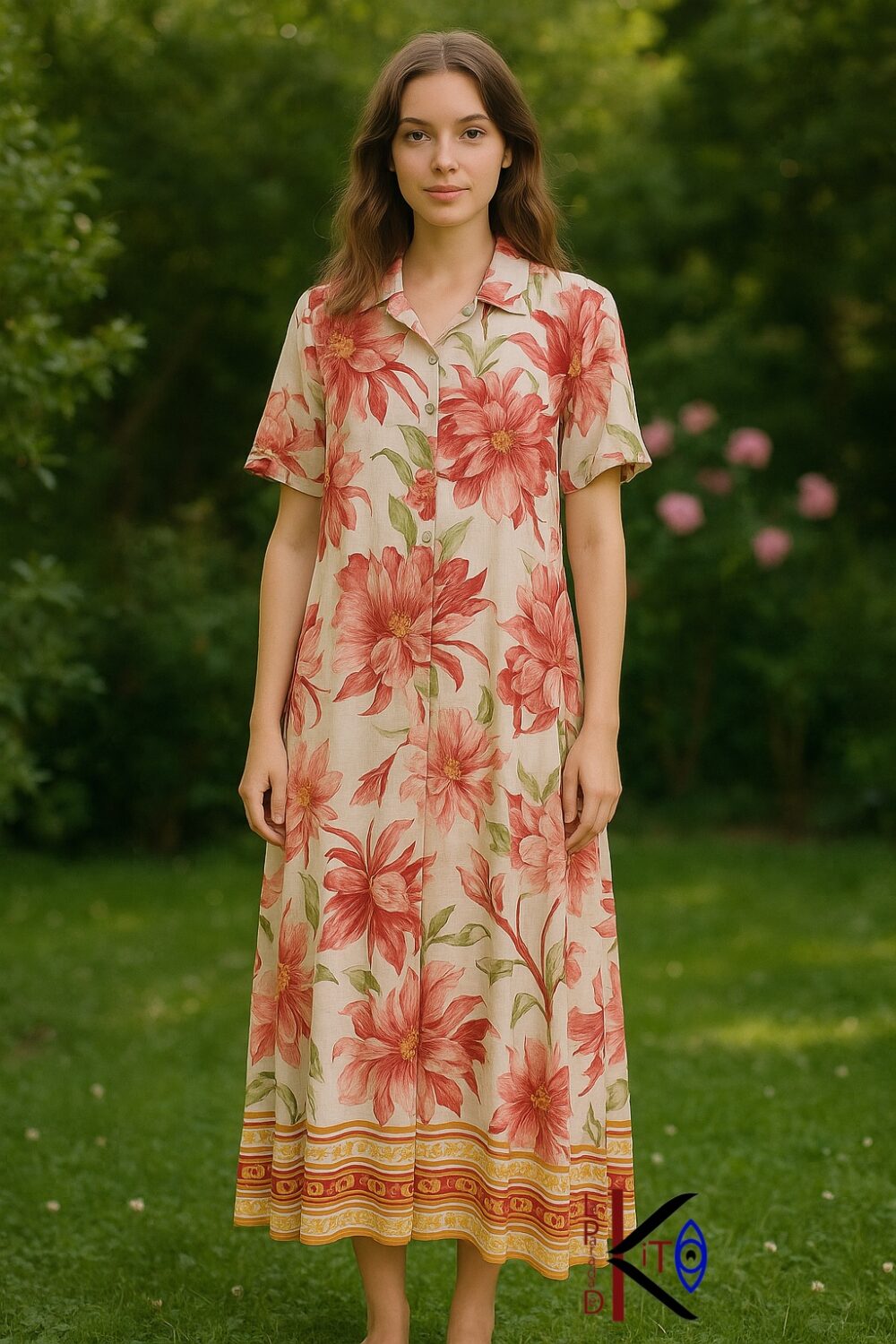 Vestido camisero estampado de lino color rojo