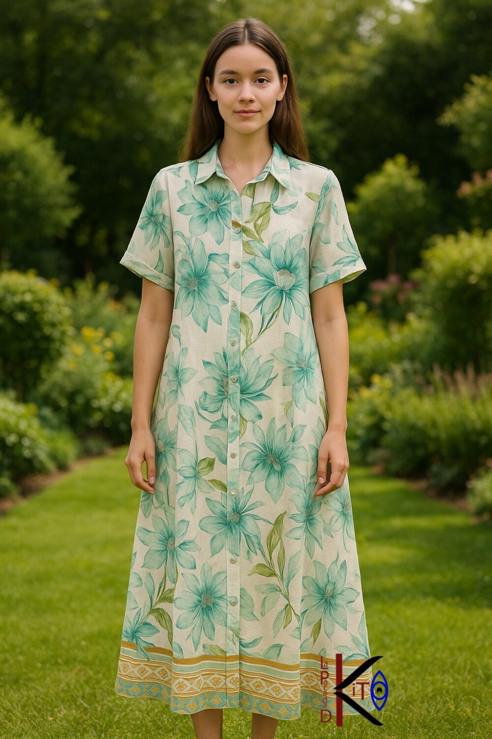 Vestido camisero estampado de lino color verde agua
