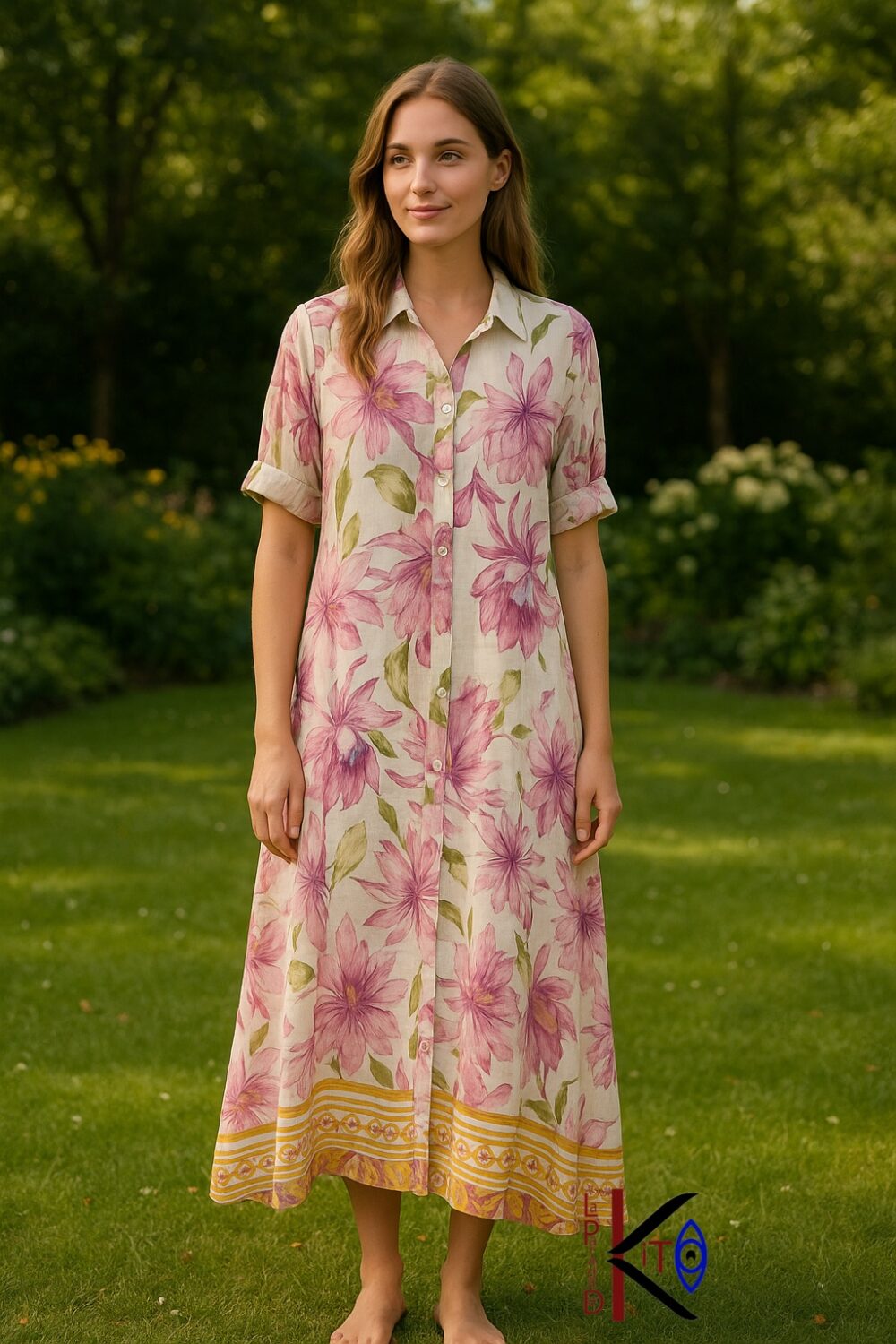 Vestido camisero estampado de lino color lila