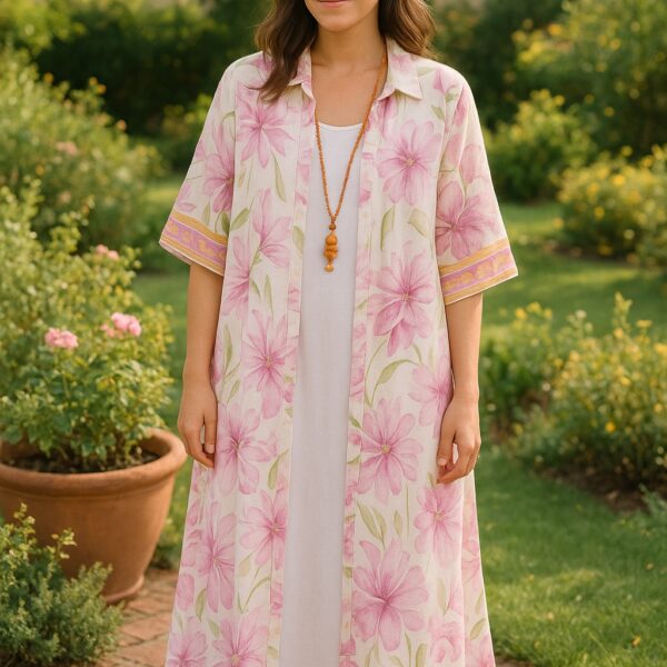 Vestido camisero estampado de lino color rosa